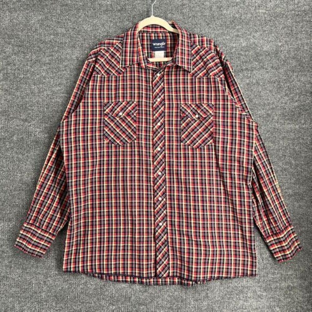 Vintage Wrangler Mens Pearl Snap Western Shirt Size 2XLT Tall Red Plaid Cowboy